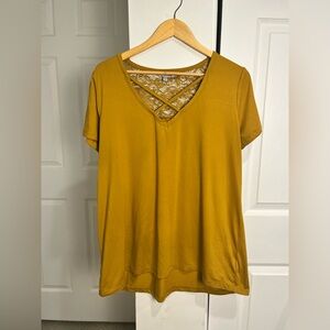 Paper Tee Women’s Gold Lace Detail Criss Cross V-Neck Top BOHO Size XL